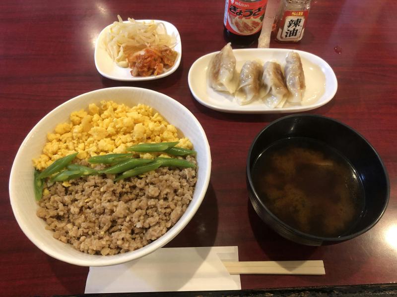 三色丼、ギョウザ